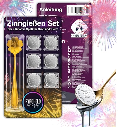 PYROHELD let the party begin 7-teiliges Zinngießen - Set: Traditionelles Gießen mit Zinn wie Bleigießen, inklusive Löffel & Deutungsbuch - Silvester & Neujahr 2024 & 2025