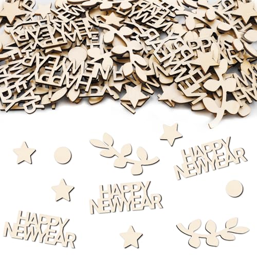 GoldRock Holz Streudeko Silvester Deko 2026 Konfetti Groß 1,5-6,5cm, 100 Stück Happy New Year Konfetti Silvester Tischdeko,Happy New Year Deko, Tischdeko Neujahr Party Decoration,Neujahrsdeko Confetti
