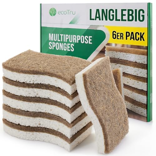 ecoTru 6 Stück Bio Spülschwamm Aus Kompostierbarer Zellulose und Kokos, Natur Reinigungsschwamm, öko und Nachhaltig Küchenschwamm, Umweltfreundlich Kitchen Sponge, Biologisch Abbaubar Geschirrschwamm