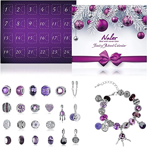 Naler 24-teilig Adventskalender Charms Anhänger Perlen Weihnachten Glasperlen mit Halskette und Armband Geschеnk für Frauen und Mädchen