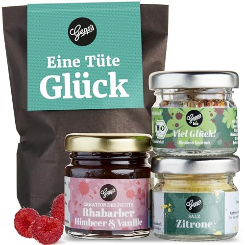 Gepp's Feinkost Wundertüte Eine Tüte Glück I Geschenkset mit Mini-Salz, Gewürzmischung & Konfitüre Rhabarber-Himbeer I Viel Erfolg Geschenkidee & Glückbringer