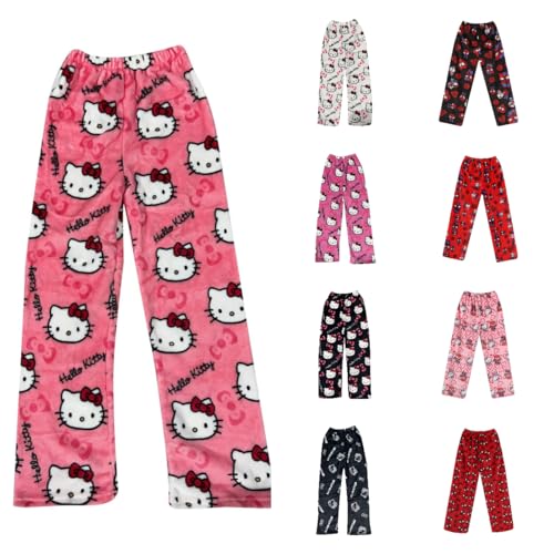 Pyjama Hose Damen Schlafanzughose - Pyjamahose Damen Lang Schlafhose Flanell Schlafanzug Hosen Anime Cartoon Kuschelhose Flauschig Bequeme Schlafanzughosen Schlaf Pants für Teenager Mädchen