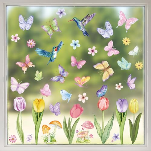 8 Blatt Fensterbilder Doppelseitig Blumen Schmetterling Fensterdeko Wiederverwendbar Fenstersticker Selbstklebend Fenster Aufkleber Deko Frühling Sommer für Glas Kinderzimmer Badezimmer