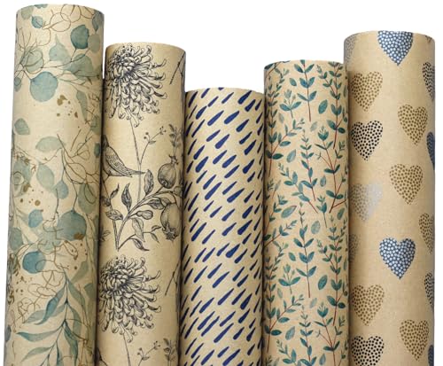 artwelten Home & Style Geschenkpapier-Set – 5 Rollen (2m x 70cm) | Nachhaltiges Kraftpapier aus Recycling-Papier | Naturmuster für Geburtstage & festliche Anlässe