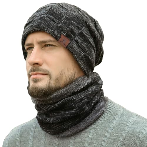 Herren Winter Warm Beanie Mütze und Loop Schal Set mit Fleece Gefütterte Thermo Wintermütze Strickmütze Mützen Schlauchschal Schals Geschenk Männer, Einheitsgröße, A Schwarz
