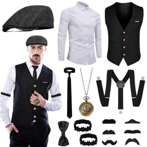 Fantspati 20er Jahre Accessoires Herren, 20er Jahre Kostüm Herren, Mafia Karneval Kostüm, Kleidung Zubehör mit Westen Hemd & Verschiedenen Accessoires für Halloween, Karneval Kostüm XL
