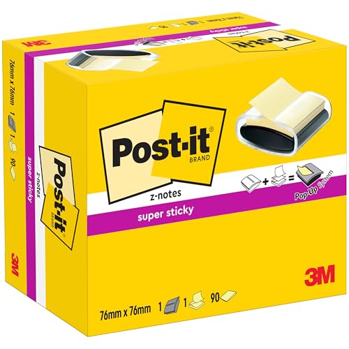 Post-it Z-Notes PRO Abroller, Schwarz und 1 Block Super Sticky Z-Notes, Gelb, 76 mm x 76 mm - für Schule, Zuhause und Büro