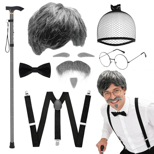 10 Stück Opa Kostüm Set, Großvater Verkleidung mit Grauer Perücke, Bart, Augenbrauen, Brille, Aufblasbarem Spazierstock, Schleife, Haarnetz - Rentner Kostüm für Karneval, Halloween, Cosplay Party