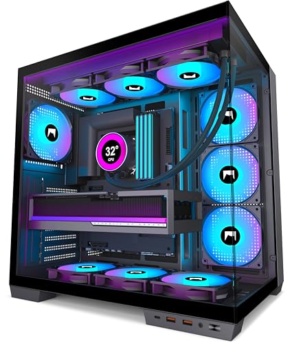 HYXN H1 ATX PC Gehäuse – Vorinstallierte 7 PWM ARGB Lüfter, Dual Kammer Mid Tower Gaming PC Gehäuse, mit Type-C, gleichzeitige Installation von 3X 360 mm Kühler (schwarz, H1)