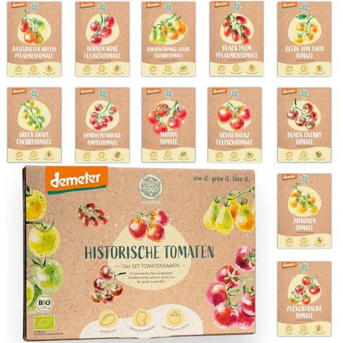 BIO Historisches Tomatensamen Set: 12 Sorten Demeter Tomaten Saatgut | Seltene, alte u. mini Tomatensorten allesamt samenfest | Gemüse Samen für Balkon, Hochbeet, Garten & als Geschenk | Loveplants