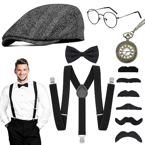 WEARXI Peaky Blinders Kostüm, Karneval Kostüm Karnevalskostüm Herren, Mafia 20er Jahre Kostüm Herren Damen Accessoires mit Hosenträger Hut, Fasching Kostüm Peaky Blinders für Partys