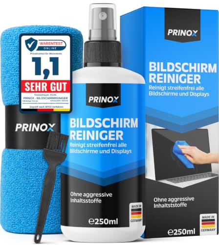 PRINOX Bildschirmreiniger XXL Set [inkl. Mikrofasertuch und Pinsel] - Display Reiniger für Handy, Laptop und TV Displays (LCD, LED, OLED, QLED, TFT) gegen Fettflecken und Fingerabdrücke