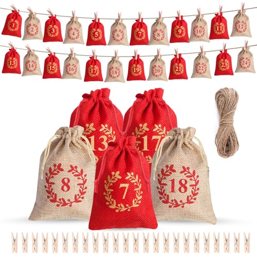 Adventskalender zum Befüllen 24 Stück，Wandkalender Dekorationsset mit Nylonimitat Tasche Lichterkette Clips und Seil perfekt für individuelle Weihnachtsdekorationen
