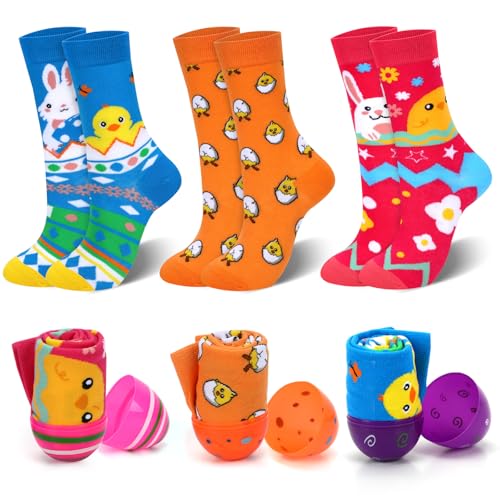 DTOFOOT 3 Paar Ostern Socken mit 3 Plastik-Ostereiern, Lustige Ostersocken für Frauen, Männer Kinder - Oster Geschenkidee