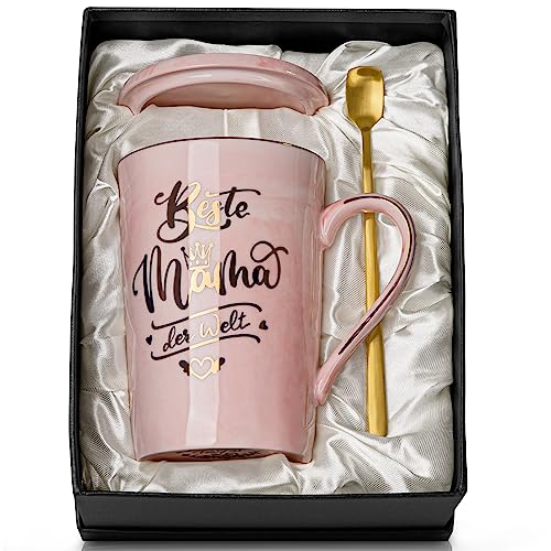 Geschenke für Mama - Geburtstagsgeschenk für Mama, Muttertagsgeschenke für Mama, Beste Mama der Welt Tasse, 400ml Marmor Keramik Kaffeetasse Mutter Geschenk mit Deckel, Löffel, Geschenkbox, Grußkarte