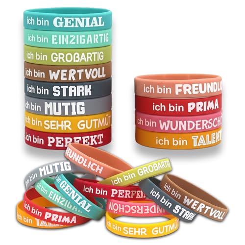 Siblaies 24 Motivationsarmbänder für Kinder mit deutschen Sprüchen – 18 cm Silikonarmbänder als Geschenke für Kita-Verabschiedung, Kindergeburtstage & Einschulungs-Mutmacher​
