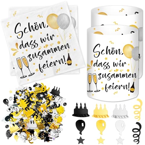 20 Stück Servietten + 12 Windlicht Tischdeko + 500 Konfetti, Deko 30 40 50 60 70 80 Geburtstag Mann Frauen, Geburtstagsdeko Tisch, Silvester Deko 2026, Silvesterdeko Party Set, Happy New Year