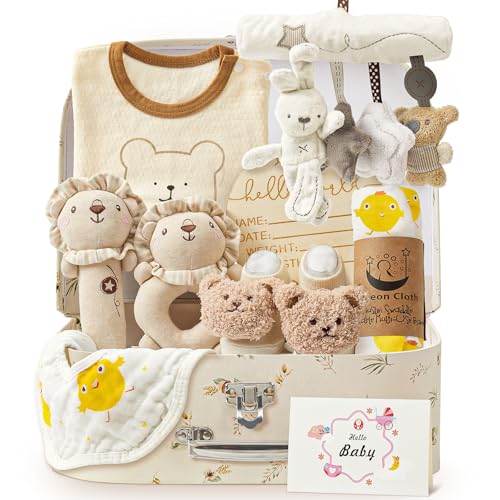 vamei Baby Geschenk Jungen, Neugeborenen Geschenk Babygeschenke zur Geburt Junge Mädchen mit Baby Strampler Badetücher Lätzchen Socken Rassel Erinnerungsbox Grußkarten Baby Shower Party