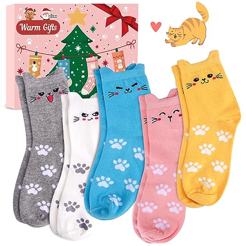 Katzen Socken Damen Weihnachtsgeschenke für Frauen - 5Paar Lustige Socken Teenager Mädchen Geschenke für Frauen Geschenkideen Weihnachten 2025 Nikolaus Geschenke Thermosocken Warm Socken Damen 35-40