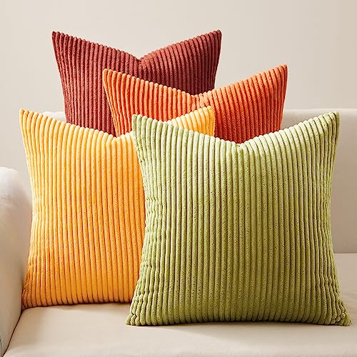 Topfinel Kissenbezug 40x40 Herbst 4er Set Cord Kissenbezüge Kissenhülle Sofakissen Dekokissen deko für Sofa Bett Wohnzimmer Kinder flauschig Orange Gelb Grün