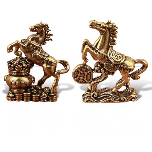 RAOPNHS 2 Stück Messing Pferdefiguren, Chinesische Tierkreiszeichen Skulptur, Feuerpferd Chinesisch Figur Tischdekoration Glücksbringer, Chinesisches Neujahr 2026 Pferd, Geschenk für Junge Mädchen