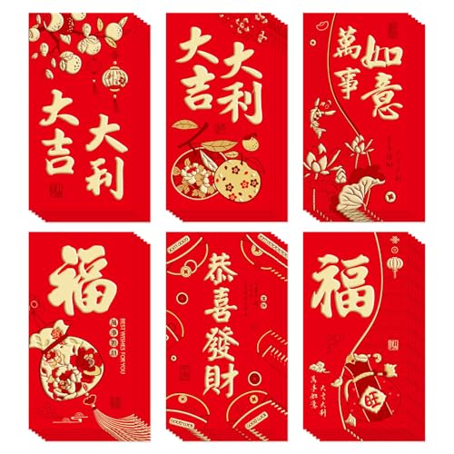 36 Stück Chinesische Neujahr Rote Umschläge in 6 Designs, 9 x 17 cm Hong Bao Geldumschläge Lai See Glückskuverts für Frühlingsfest, Mondneujahr, Hochzeiten, Geburtstage u.v.m.