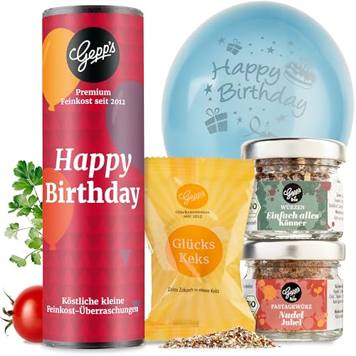 Gepp‘s Feinkost Kleines Geschenkset Happy Birthday I Geschenk gefüllt mit leckeren Delikatessen I Geburtstagsgeschenk & Mitbringsel für Erwachsene I Kleine Geschenkidee
