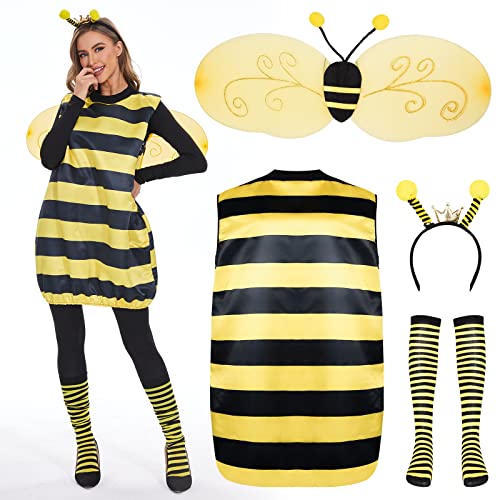 FORMIZON Bienen Kostüm Damen, Bienenkostüm Erwachsene mit Biene Haarreif, Flügel, Beinärme, Hummel Faschingskostüme für Damen Herren Karneval Dress Up Party Cosplay (Bienen, XL)