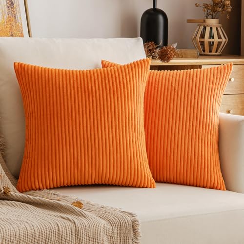 EMEMA Kissenbezug 40x40 cm Herbst Kordsamt Kissenbezüge Dekokissen Sofakissen Cord Kissenhülle Zierkissenbezug Kord Dekorative Weiche für Sofa Wohnzimmer Schlafzimmer 2er Set Orange