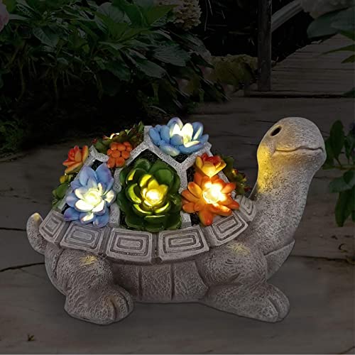 Yeomoo Solar Gartenfiguren Schildkröte Gartendeko für Draußen, mit Sukkulenten und 7 LED Leuchten Home Balkon Dekoration, Schildkröten Figur Kawaii Geschenke für Frauen/Mama Deko für Zimmer Terrasse