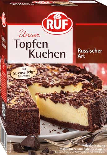RUF Russischer Zupfkuchen, Backmischung für einen Käsekuchen mit schokoladigem Streuselteig, Topfenkuchen, vegan