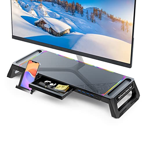 MOOJAY Monitor Ständer für den Schreibtisch Gaming mit 4 USB 3.0 Hub und RGB Licht, Monitor Riser Faltbare Computer Bildschirmerhöhung mit Schublade und Stiftablage, für PC/Laptop/iMac - Schwarz