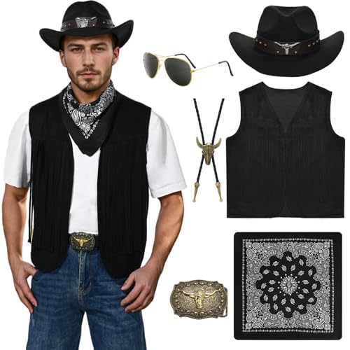 Antsparty Cowboy Kostüm Herren, Karneval Western Cowboy Fransenweste Set mit Hut Halstuch Halskette Brille, Herren Karneval Hippie Kostüm