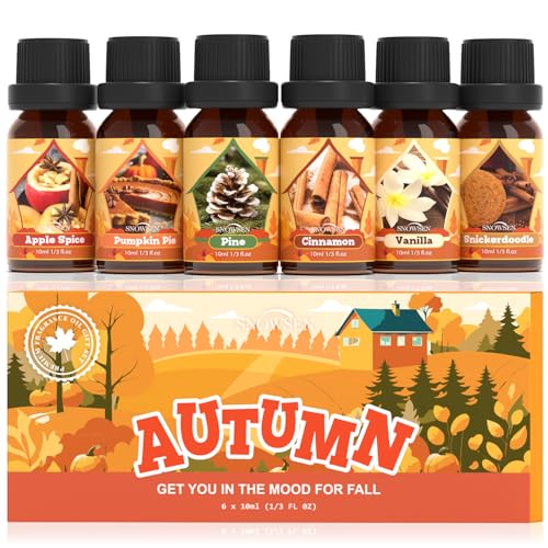 SNOWSEN Herbst Ätherische Öle Set, 6 x 10 ml Aromatherapie Ätherische Öle für Diffuser, Duftöl Geschenkset, Diffuser Öl, Seifenduftöl - Apfelgewürz, Kürbiskuchen, Kiefer, Zimt, Vanille, Snickerdoodle