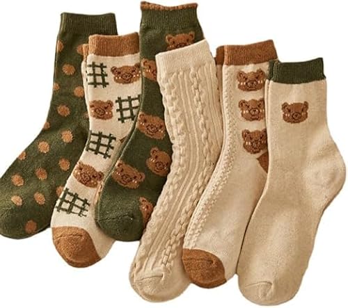 6 Paar Kuschelsocken Damen, süße Baumwollsocken Kawaii Bär Knöchelsocken Preppy Rüschen Socken, Vintage Crew Socken für Frauen, Warme Elastizität Schlafsocken, Kuschelsocken Haussocken, Weihnachten