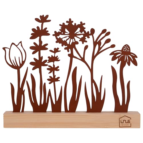 UNUS Aufsteller Blumenwiese, mit Tulpe, Lavendel und Pusteblume, 20x24x2,7 cm, Metallaufsteller mit Bambussockel, in Rost-Optik, Frühlingsdeko für Fenster, Tisch oder Regal