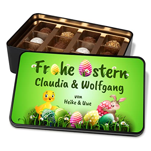 Pralinendose zu Ostern personalisiert mit Namen & Wunschtext „Frohe Ostern“ – süße Ostergrüße - Osterküken & Osterhasen - Schokolade Geschenk – Metalldose mit 12 Confiserie-Pralinen - Ostergeschenke