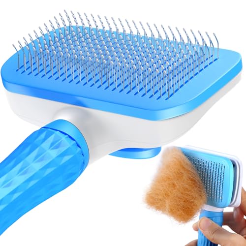 ACE2ACE Haustier Hundebürste Katzenbürste, Haustier Bürsten, Hundebürste Katzenbürste für Langhaar und Kurzhaar, Sauberes Haustierhaar von der Bürste mit Einem Knopf, Blau