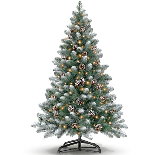Kidsgigglz Künstlicher Weihnachtsbaum 150cm mit LED Beleuchtung, Tannenzapfen, PVC Tannenbaum künstlich mit Lichterkette, 8 Lichtfunktionen, Metallständer, IP44, Weihnachtsdeko für Innen & Außen