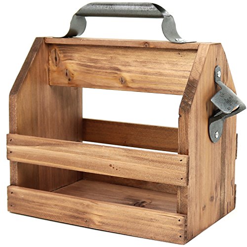 com-four® Flaschenhalter aus Holz mit Metall-Flaschenöffner und Metall-Griff, 6er Träger, Flaschenträger für 6 Flaschen à 0,33 l (Ohne Aufschrift)