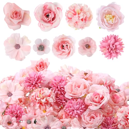 63 Stück Rosa Kunstblumen Deko, Kunstblumen Klein Artificial Fake Flowers Heads Künstliche Tortendeko Blumen Künstlich Stoffblumen Blumen Basteln Für DIY Basteln Hochzeit Party Home Handwerk Deko