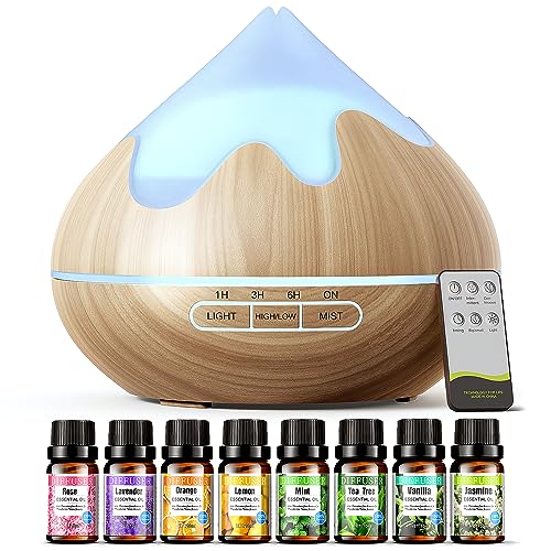 500ML Aroma Diffusor mit Top 8 Öle Geschenk Set, ätherisches Öl Diffuser mit Fernbedienung, Ultraschall-Luftbefeuchter für Home Office, 15 Farbe LED, Fernbedienung mit 4 Timer Einstellung