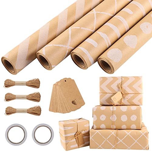 4 Rolle Geschenkpapier, 43 x 300cm/Rolle Geschenkpapier Hochzeit Packpapier Kraftpapier Geschenkpapier Rollen für Hochzeit Taufe Geburtstag Geschenkverpackung