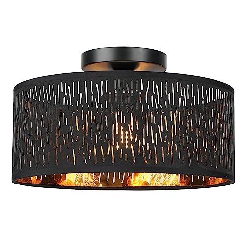 FRIDEKO HOME Moderne Deckenlampe Schwarz,Durchbrochener Rund Ø30cm Deckenleuchte E27,1 Flammige Stoff Lampenschirm Lampe für Schlafzimmer Wohnzimmer Küche Flur