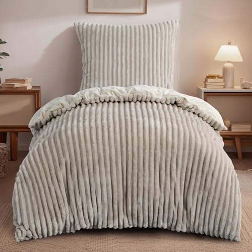 RUIKASI Winter Flanell Bettwäsche 135 x 200 Beige 2teilig - Plüsch Warme Flauschig Winterbettwäsche Cord Teddy Fleece Cashmere-Touch Bettbezug mit Reißverschluss und Kissenbezug 80x80cm