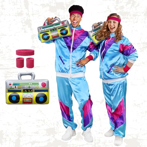 Funlot 80er Jahre Outfit Damen Herren - 6pcs KostüM 80er Jahre 80er Trainingsanzug KostüMe für Erwachsene Fasching Karneval KostüM Damen Paar Retro Jacke 80er Jahre Accessoires M