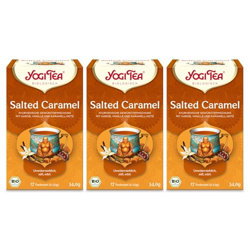 YOGI TEA Salted Caramel, Ayurvedische Bio Gewürzteemischung mit Karob, Kakao, natürlichem Karamellaroma und Salz, koffeinfrei, Yogi Tee 3er Pack, 3x17 Beutel (51 Teebeutel)