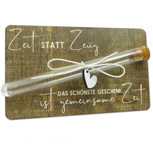 Zeit statt Zeug – Gutschein Geschenk mit Reagenzglas | Holzkarte als Geldgeschenk Verpackung für gemeinsame Zeit | Erlebnisgeschenk für Partner & Paare | personalisierbares Etikett | 10x16 cm