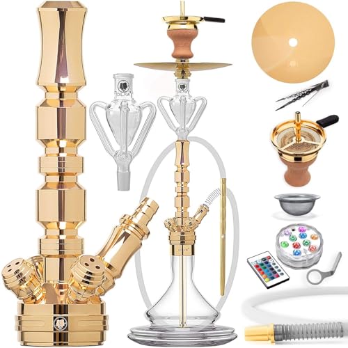 DILAW® Shisha Set TRIPHAN 66cm Edelstahl Wasserpfeife Profi Zubehör Komplett-Set bis 4-Anschlüsse mit Bowl, LED Licht, Kaminkopf, Molassefänger, Silikonschlauch, Alu Mundstück, Tonkopf & Kaminaufsatz