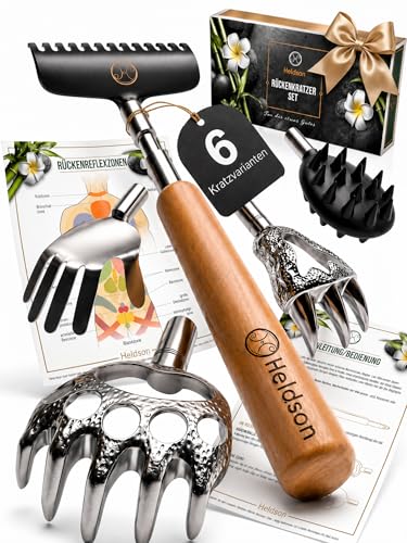 HELDSON® Rückenkratzer Holz [Inklusive 5 Kratzaufsätze] - Männer Geschenke - Geschenkset - Kratzhand - Back Scratcher - Rücken Massage - Geschenk für Papa - Geschenkideen - Vatertag - Vater